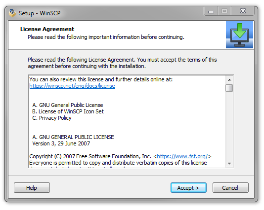 WinSCP Install - License agreement screen